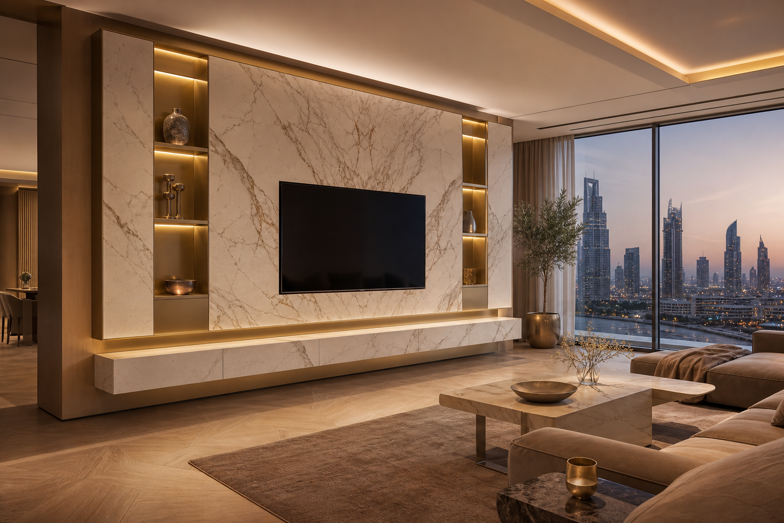 Fadior Veneto Panel-Less Floating Media Bay — interior room context showing cabinet integration