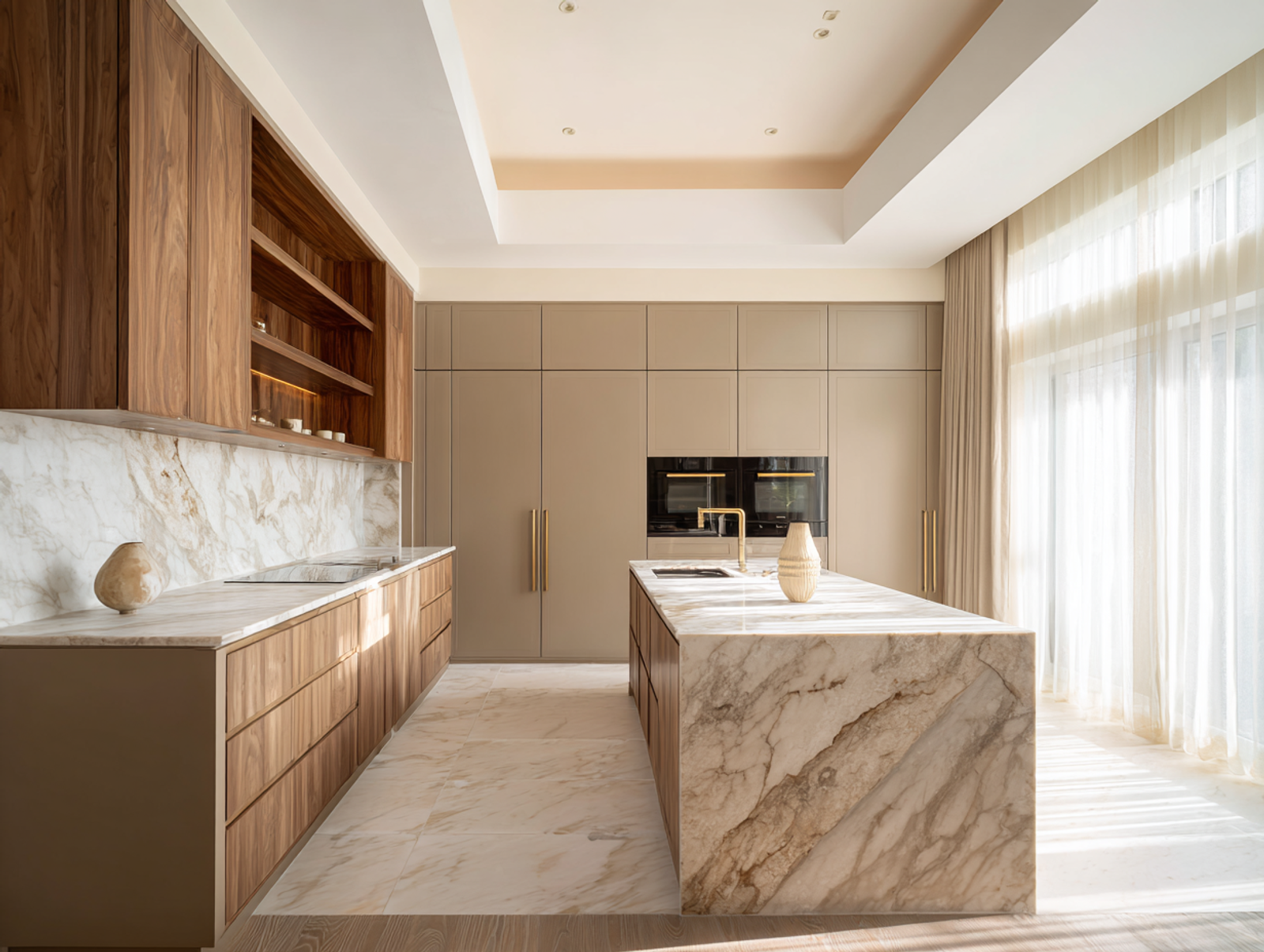 Fadior Phuket Villa — kitchen detail showing wood-grain stainless steel cabinetry and open shelving