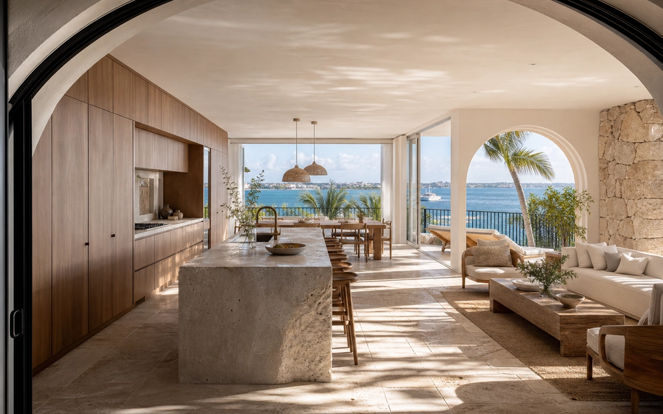 Fadior Miami Skyline Penthouse — Miami penthouse kitchen with stone island, timber cabinets, bay window, terrace arch, — 304 stainless steel cabinetry installation by Fadior
