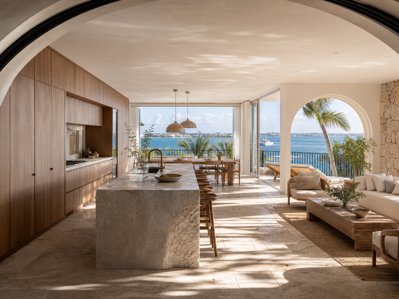 Fadior Miami Skyline Penthouse — Miami penthouse kitchen with stone island, timber cabinets, bay window, terrace arch,