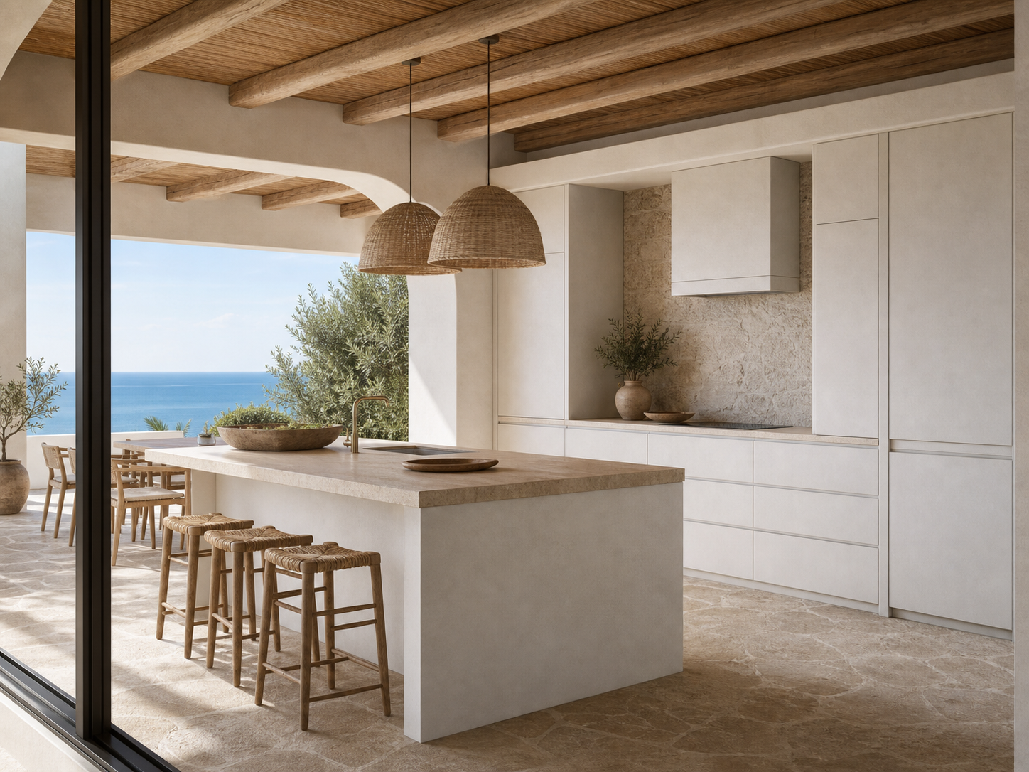 Fadior Terrena Kitchen Suite with Travertine Appliance Alcove — interior room context showing cabinet integration
