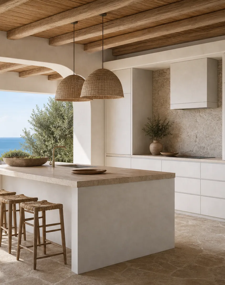 Suite de cocina Terrena con hornacina para electrodomésticos de travertino perspectiva interior