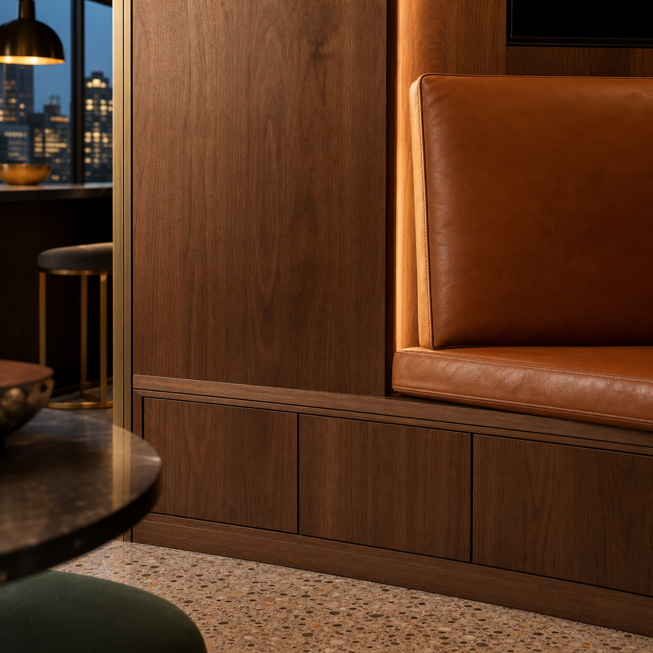 Fadior Galleria Living Room Suite with Cognac Banquette Audio Ledge — close-up of stainless steel finish and hardware detail