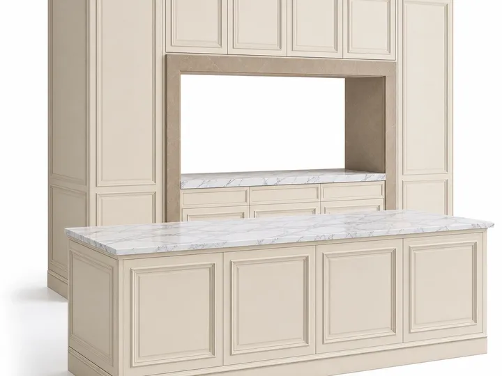Fadior Silkstone Kitchen Suite with Limestone Dish Pass Window — 304 stainless steel kitchen system, front view