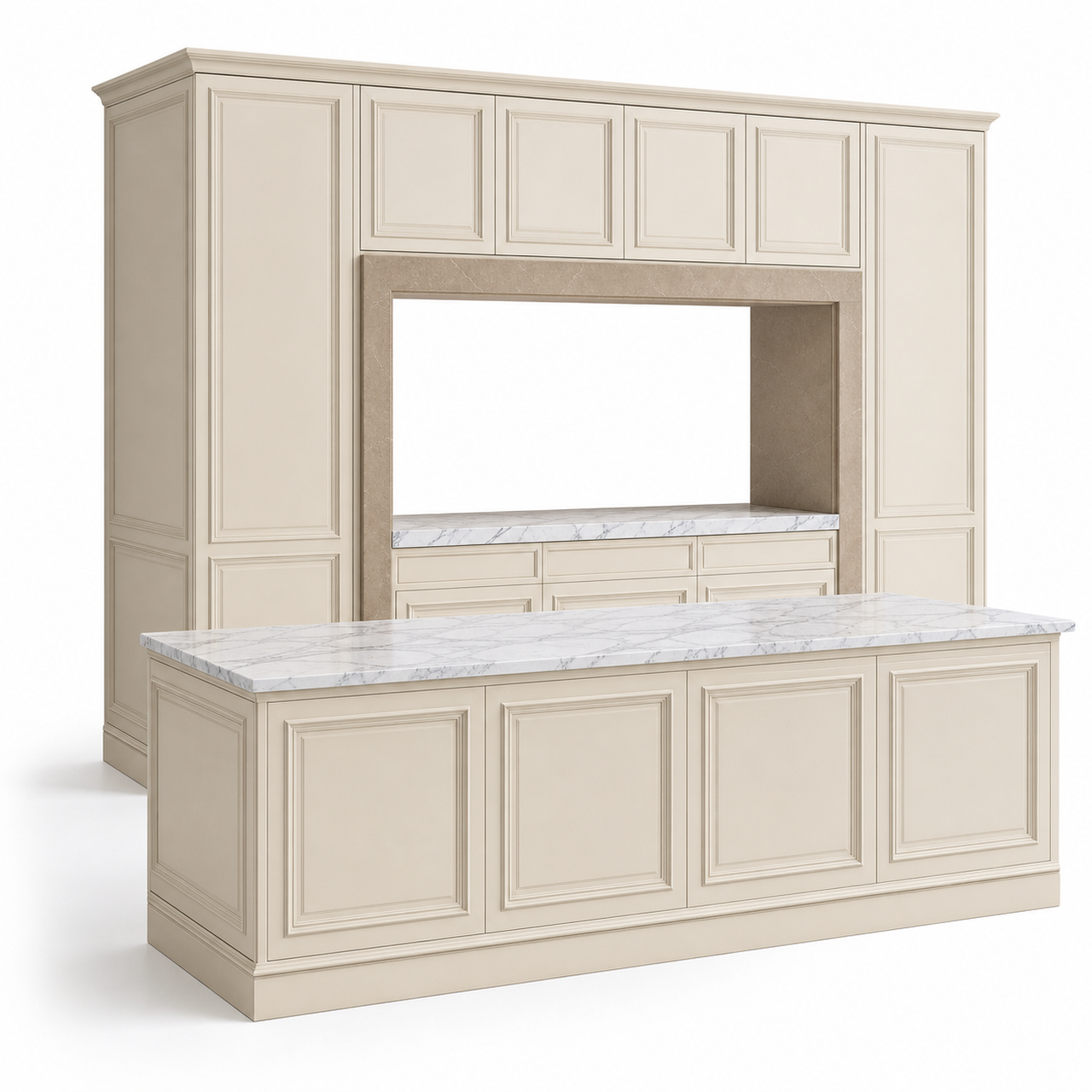 Fadior Silkstone Kitchen Suite with Limestone Dish Pass Window — 304 stainless steel kitchen system, front view