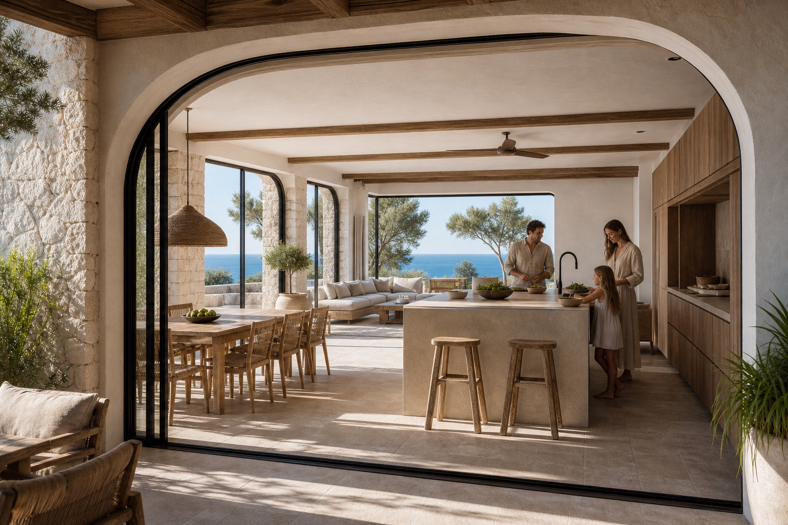 Fadior Marbella 400 sqm Kitchen Villa — dining table, kitchen island, sofa, sea terrace