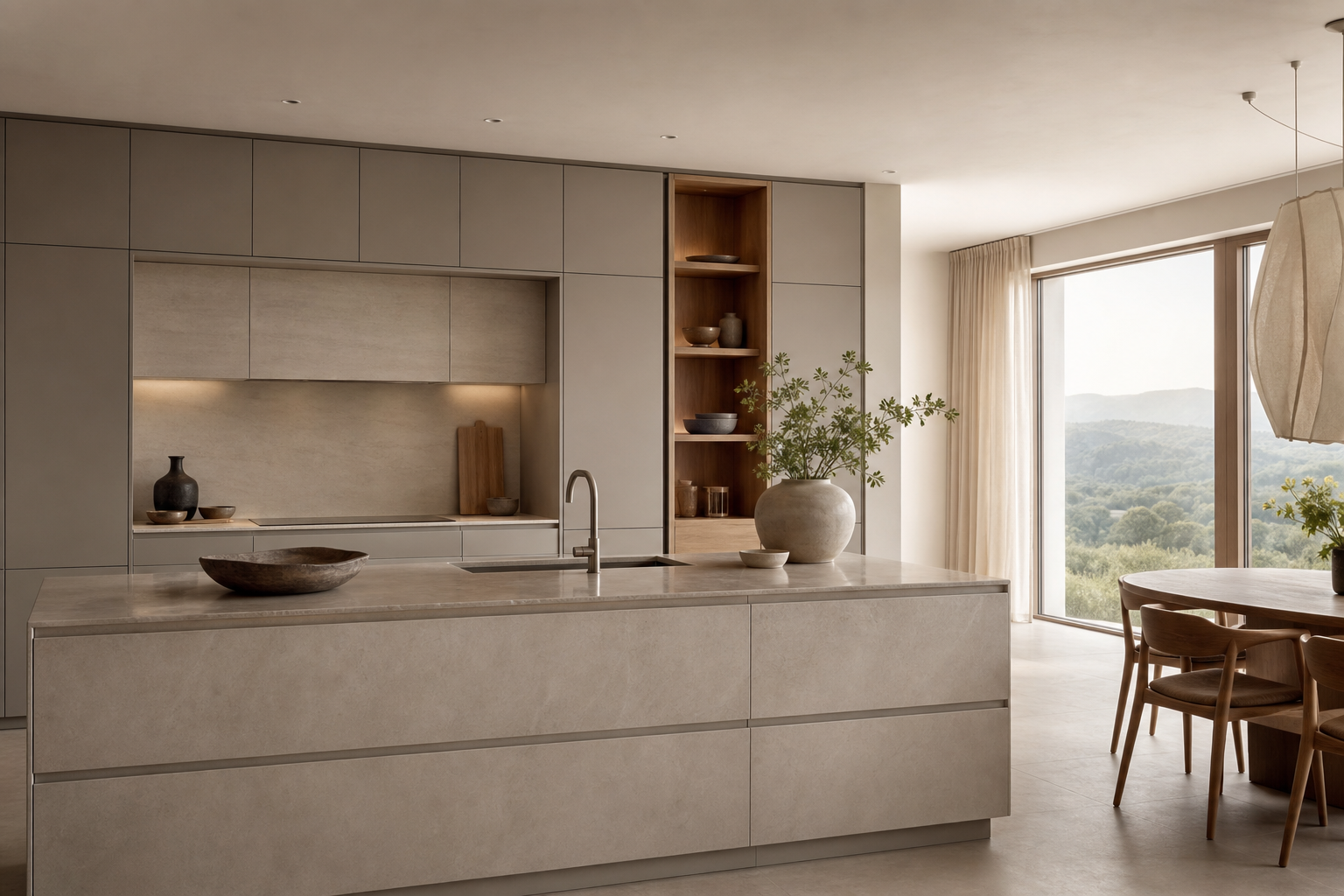 Quiet material study of pale surfaces, warm oak storage, walnut accents, and soft daylight for a kitchen style decision.