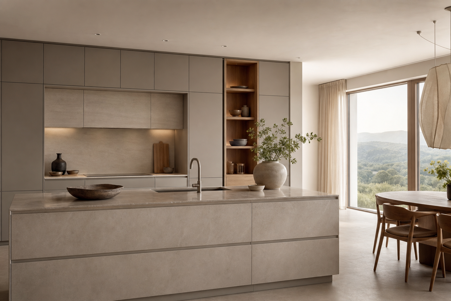Quiet material study of pale surfaces, warm oak storage, walnut accents, and soft daylight for a kitchen style decision.