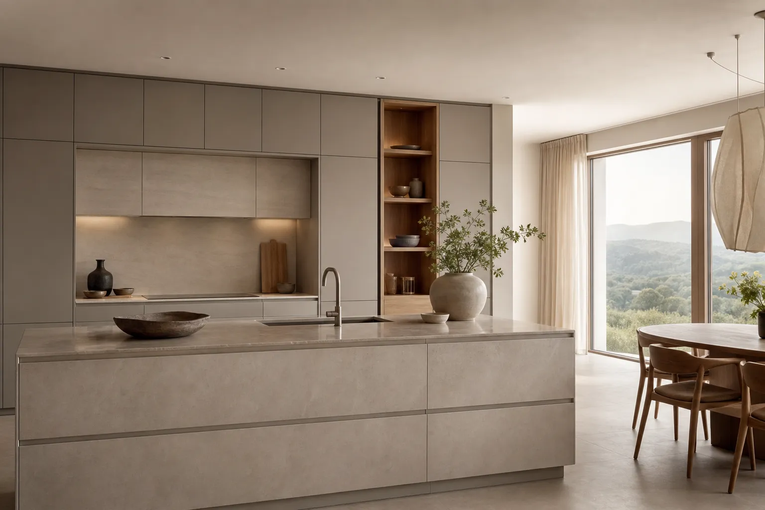 Quiet material study of pale surfaces, warm oak storage, walnut accents, and soft daylight for a kitchen style decision.