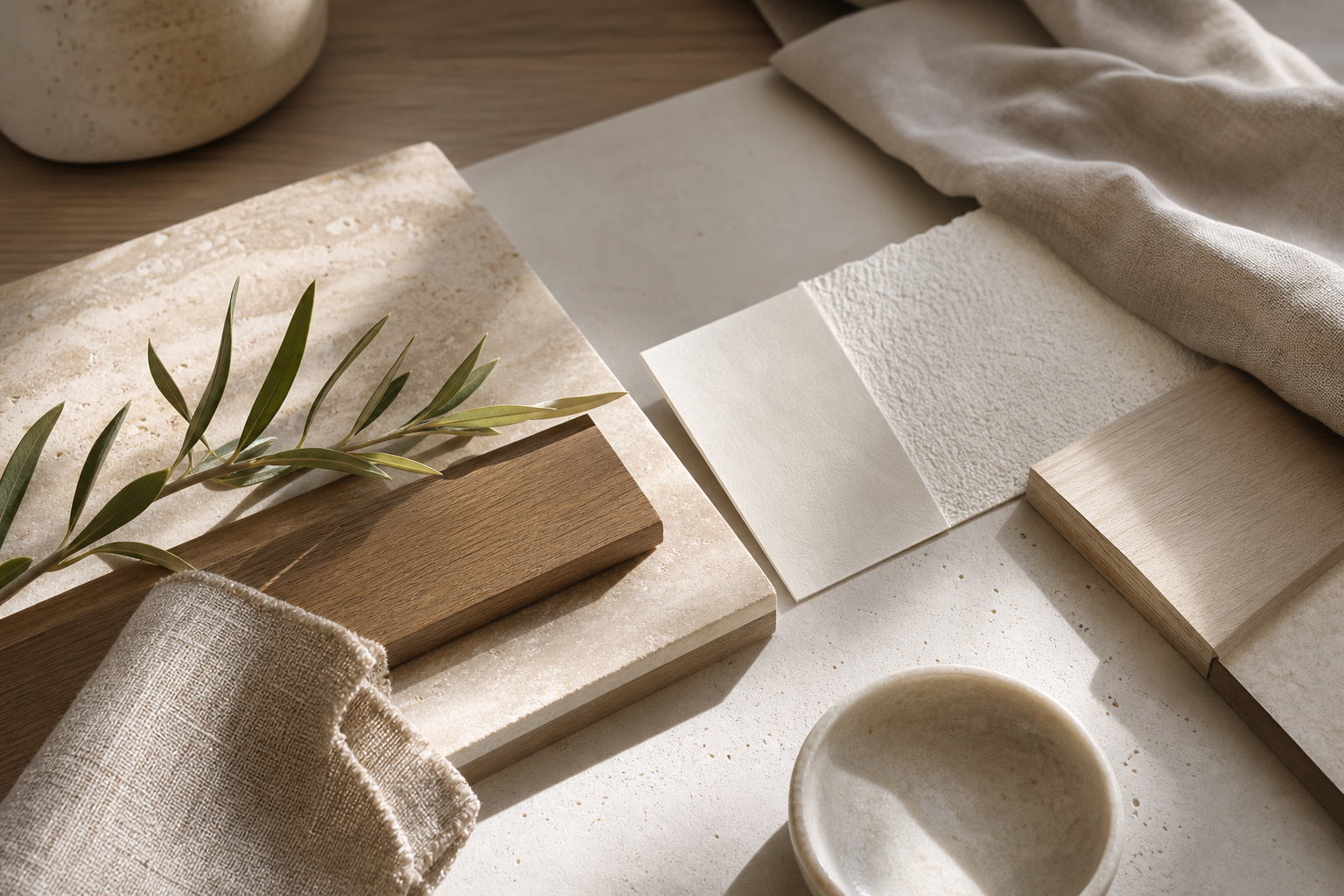 Material mood study with pale surfaces, warm wood samples, linen texture, and olive branch in soft daylight.