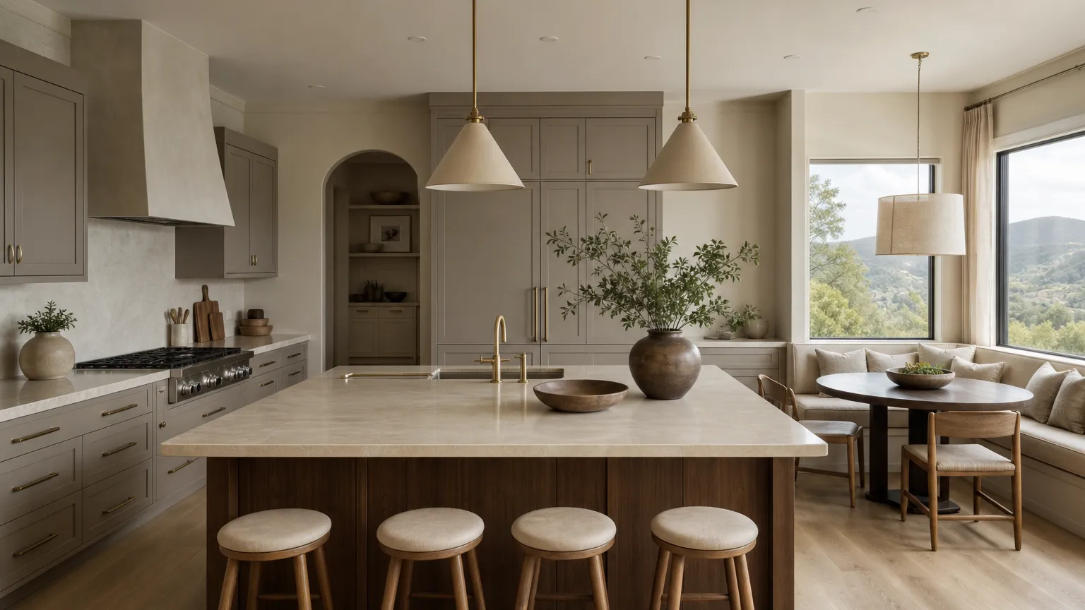 Warm villa kitchen with muted cabinet fronts and morning light after a grease-cleaning routine.