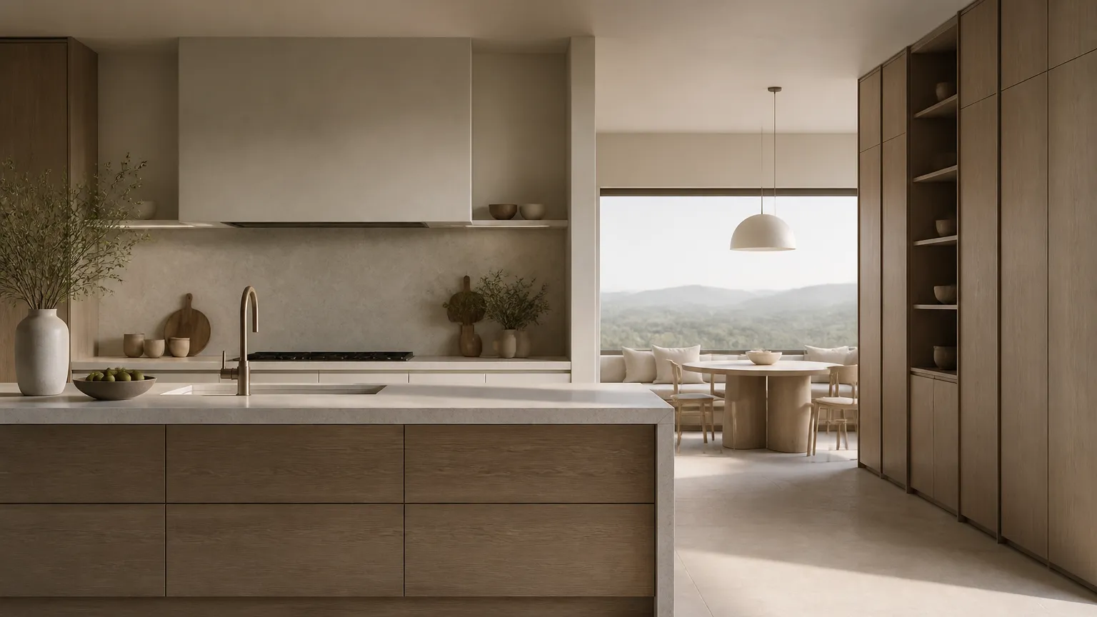 Modern calm kitchen with island, tall pantry wall, and clear preparation space