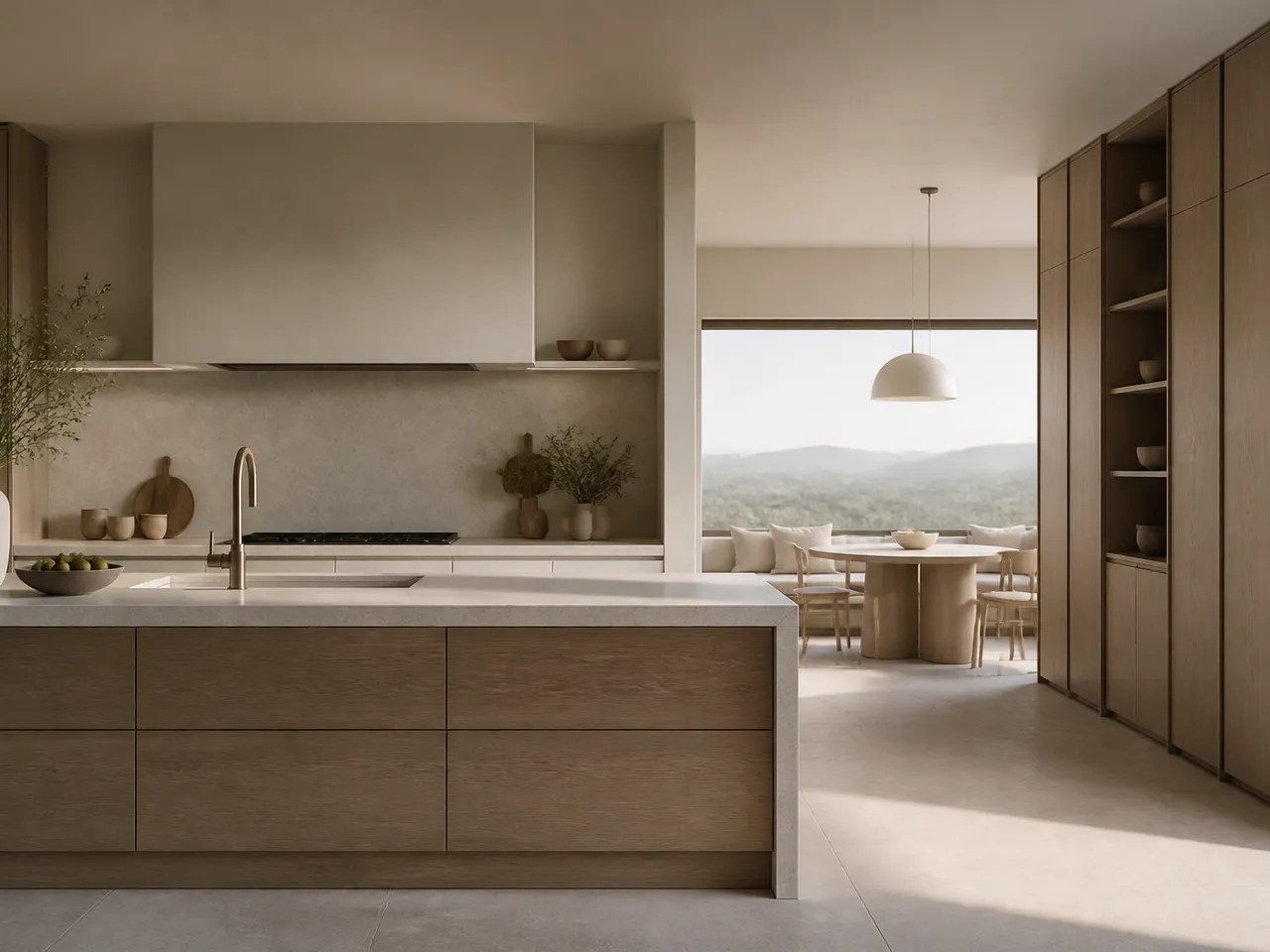 Modern calm kitchen with island, tall pantry wall, and clear preparation space — 304 stainless steel cabinetry editorial by Fadior