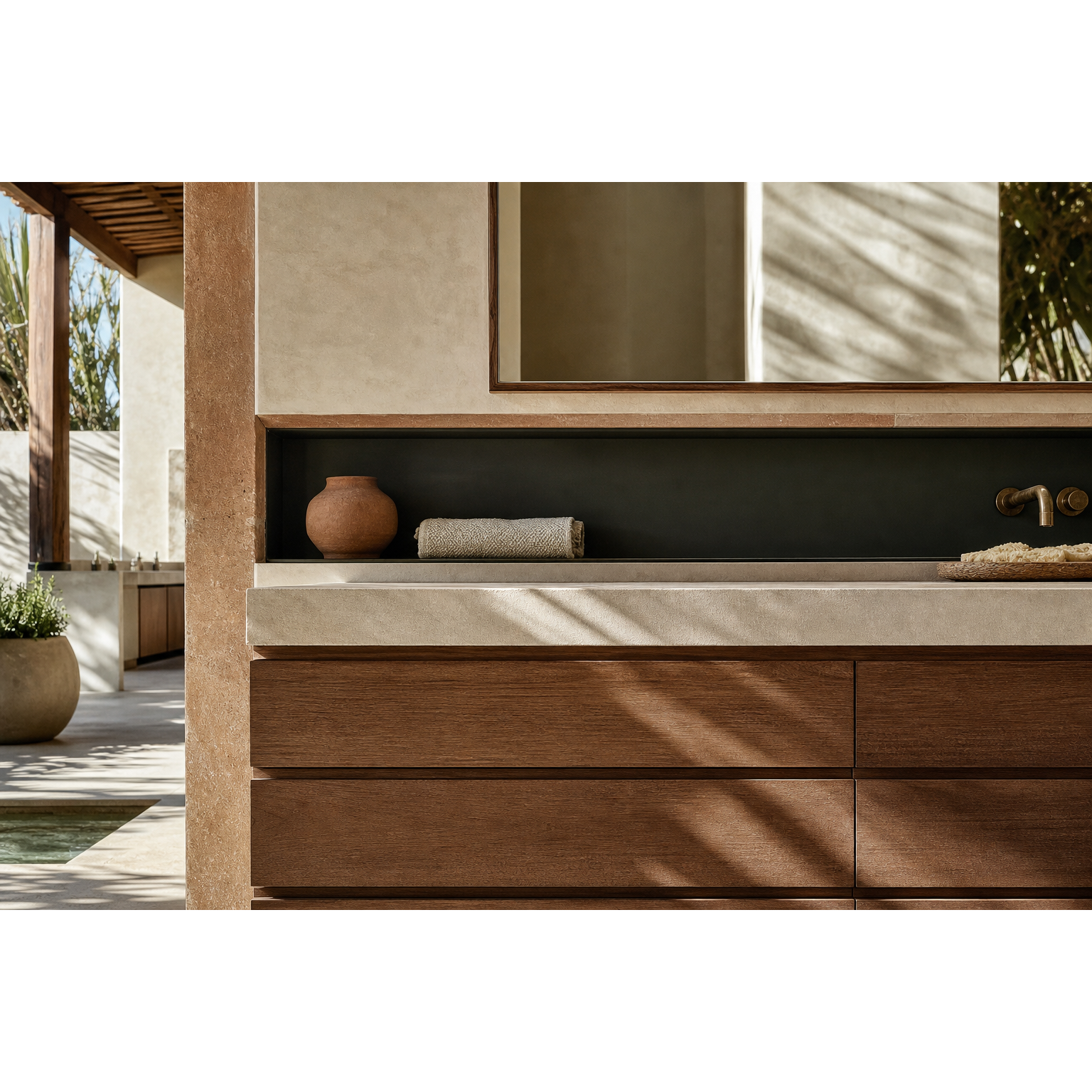 Fadior Verve Bath and Vanity Suite with Basalt Ribbon Wash Niche — close-up of stainless steel finish and hardware detail