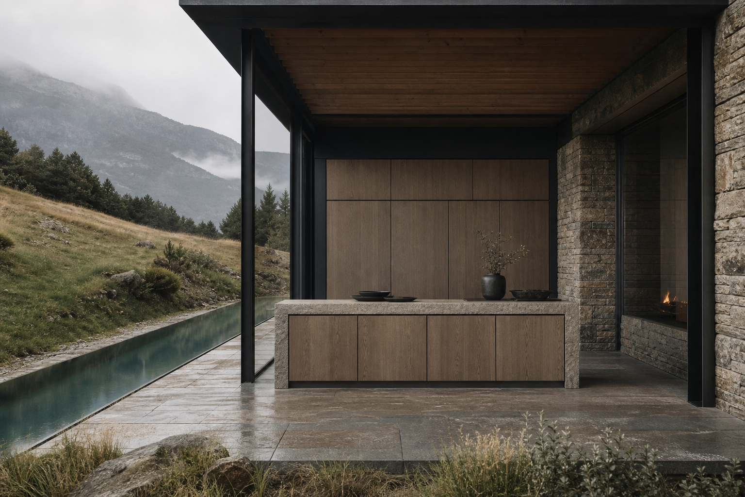 Fadior Terrena Kitchen Suite with Hearthside Service Island — lifestyle setting with natural light and residential styling
