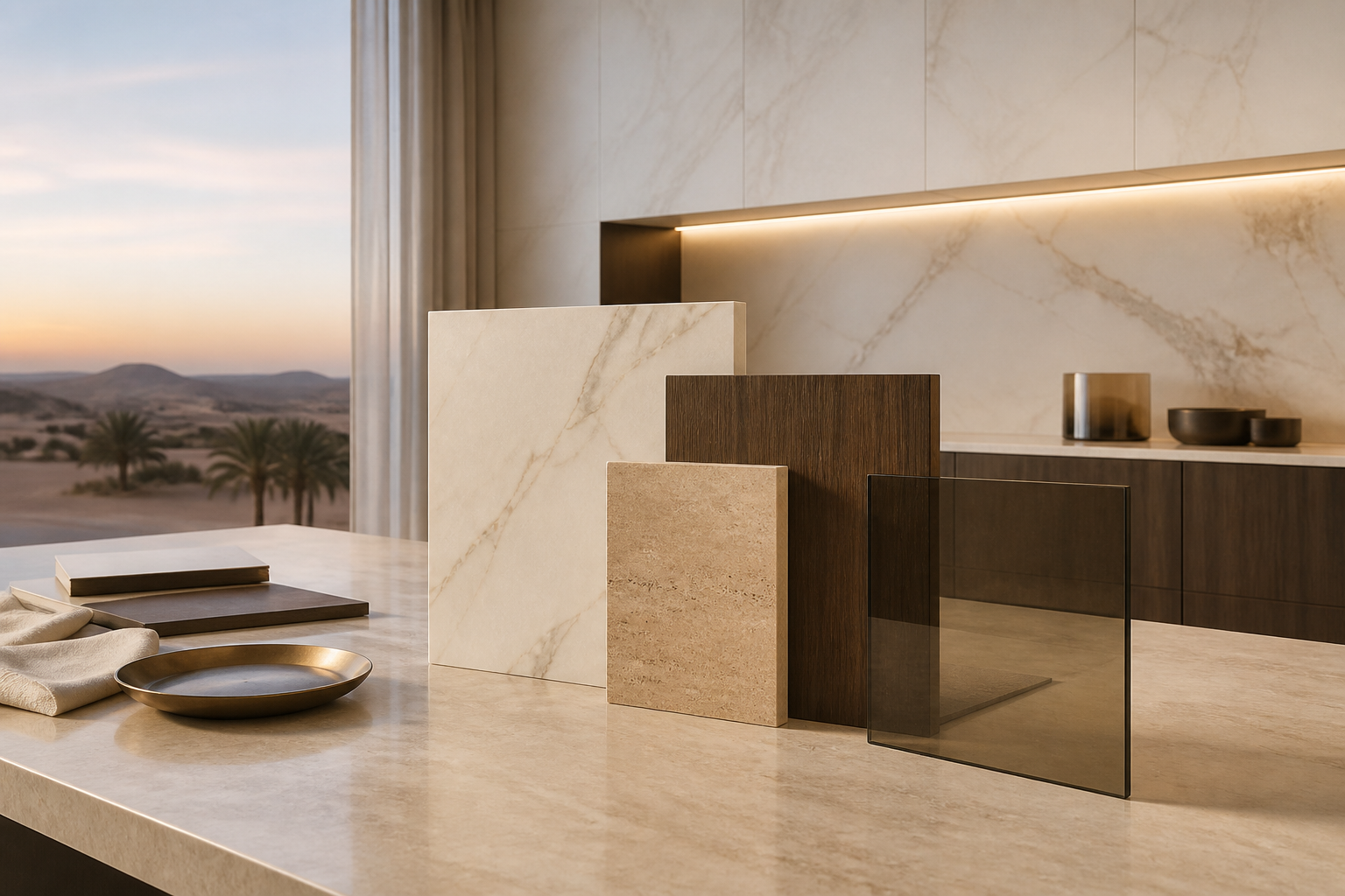 Material study: cream, walnut and tinted glass finishes in a softly lit kitchen evidence-review setting.