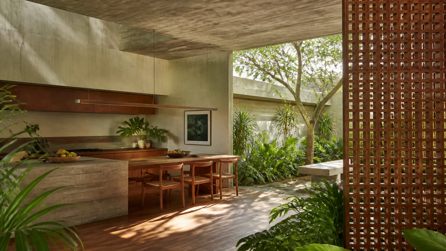 Tropical courtyard kitchen with concrete, timber, and lush planting in a calm editorial atmosphere view.