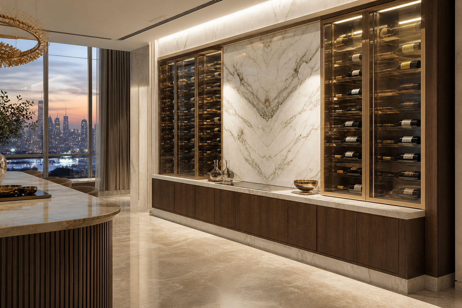 Fadior Estuary Wine Cabinet Suite with Procurement Resilience Wine Wall — interior room context showing cabinet integration