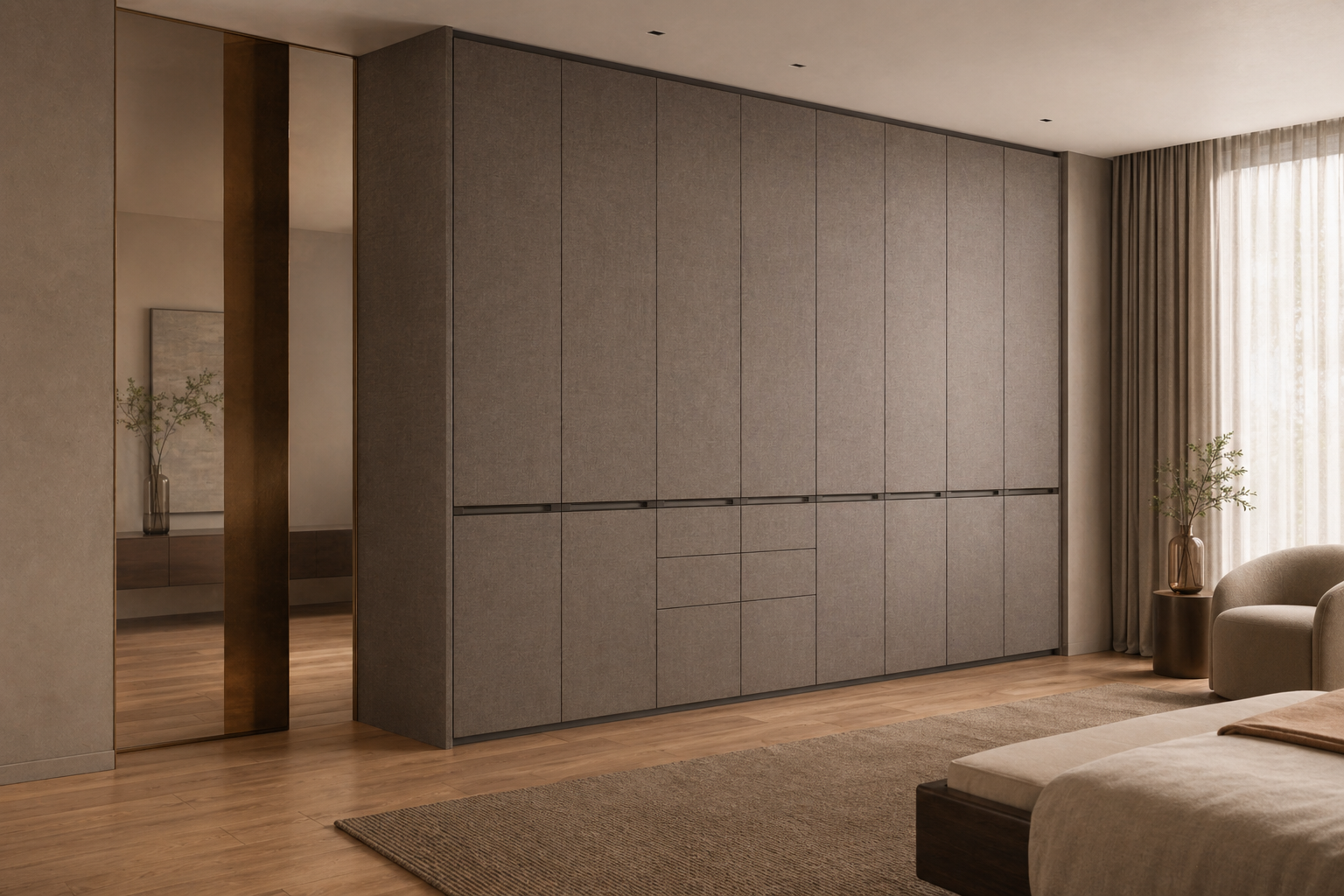 Fadior Eclipse Wardrobe Suite with Smoked Linen Dressing Wall — interior room context showing cabinet integration