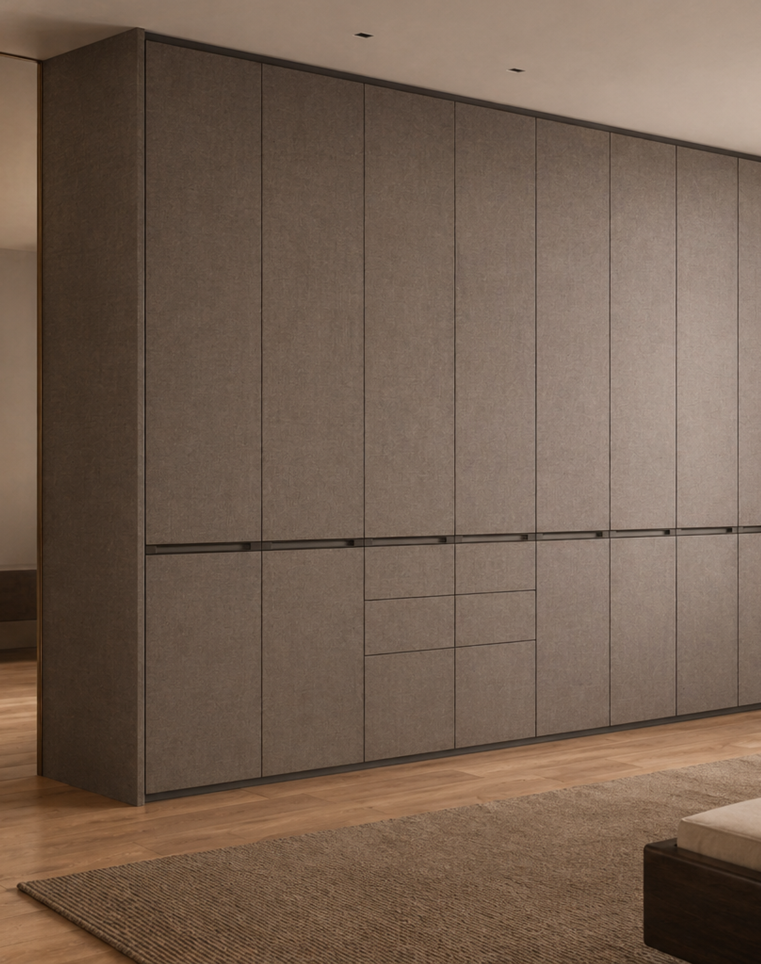 Fadior Eclipse Wardrobe Suite with Smoked Linen Dressing Wall — interior room context showing cabinet integration