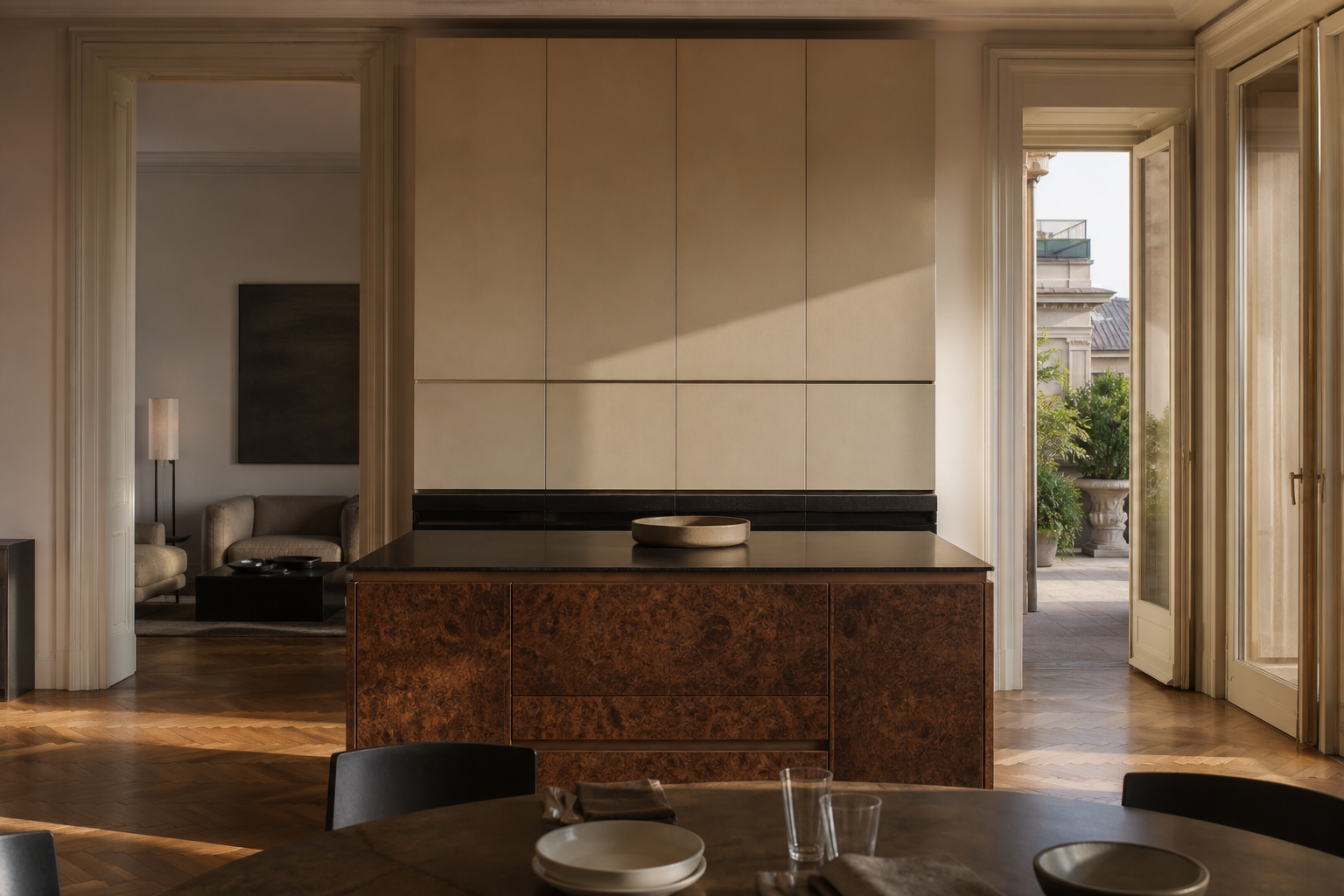 Fadior Pavilion Kitchen Suite with Terrace Origami Island — lifestyle setting with natural light and residential styling