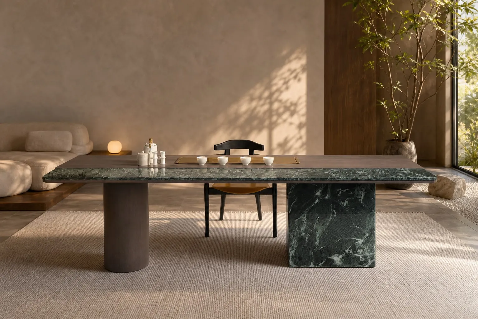 Drum-and-Block Marble Tea Table 1800×800×720 mm