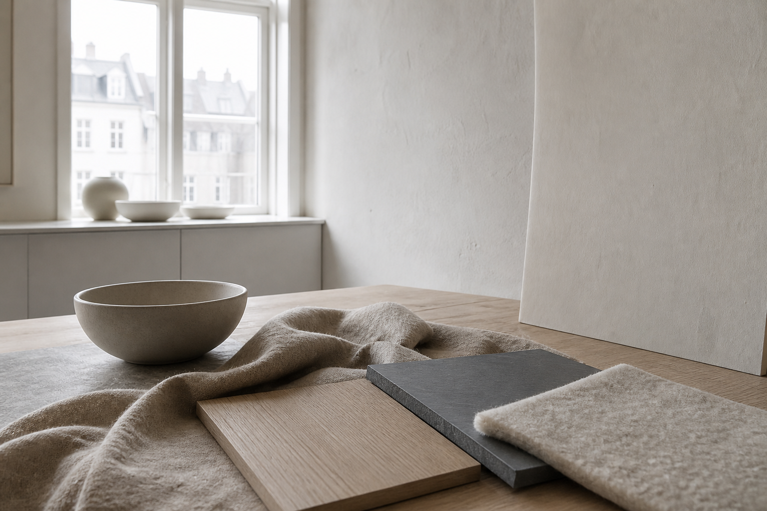 Kitchen material study with flax linen, oak tones, and slate blue mood for honest surface decisions.