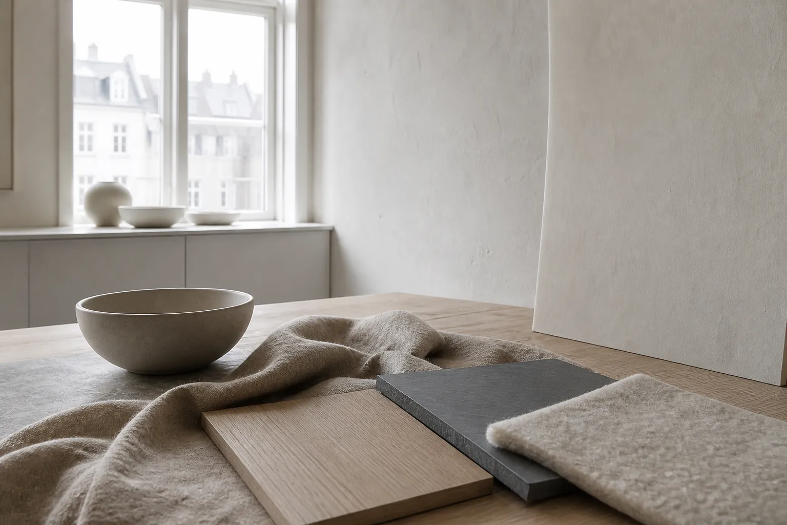 Kitchen material study with flax linen, oak tones, and slate blue mood for honest surface decisions.