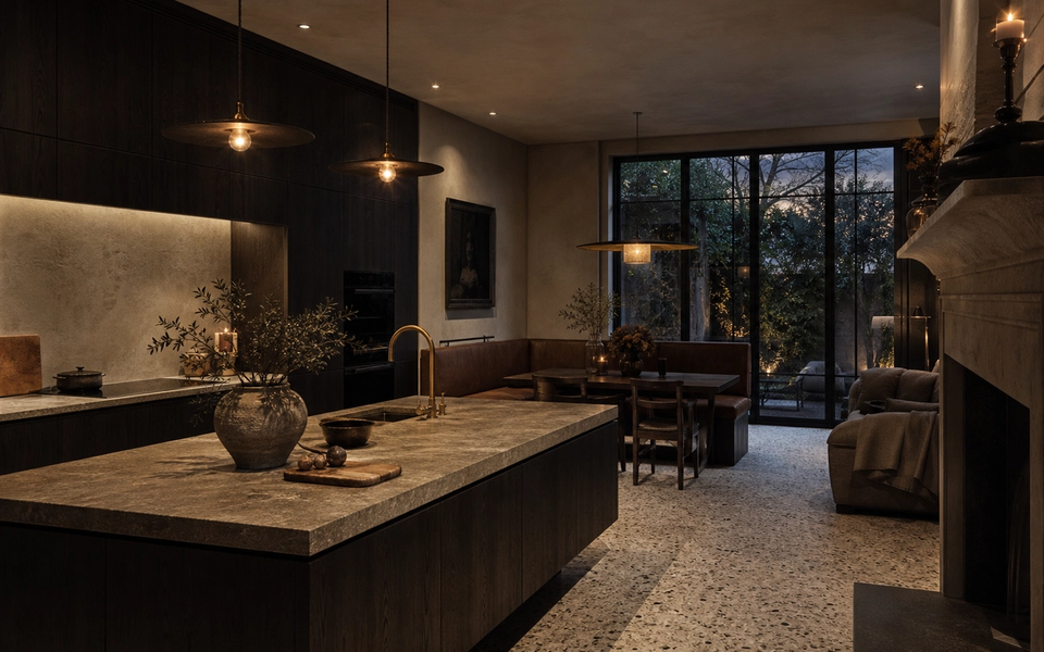 Fadior London 120 sqm Kitchen Villa — London townhouse kitchen with smoked oak cabinets, stone island, terrazzo floor, — 304 stainless steel cabinetry installation by Fadior