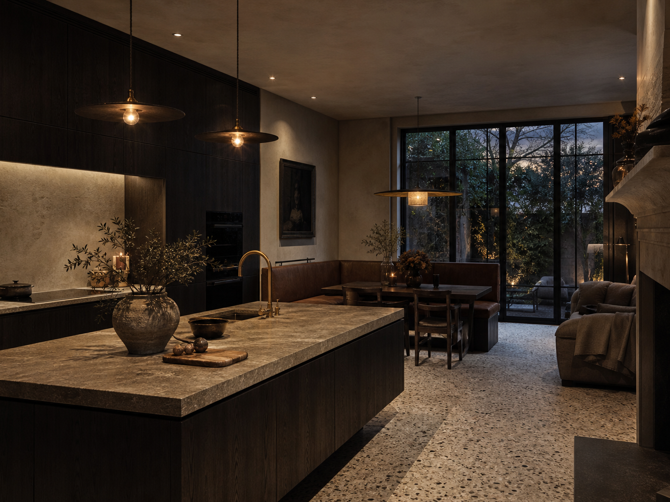 Fadior London 120 sqm Kitchen Villa — London townhouse kitchen with smoked oak cabinets, stone island, terrazzo floor,