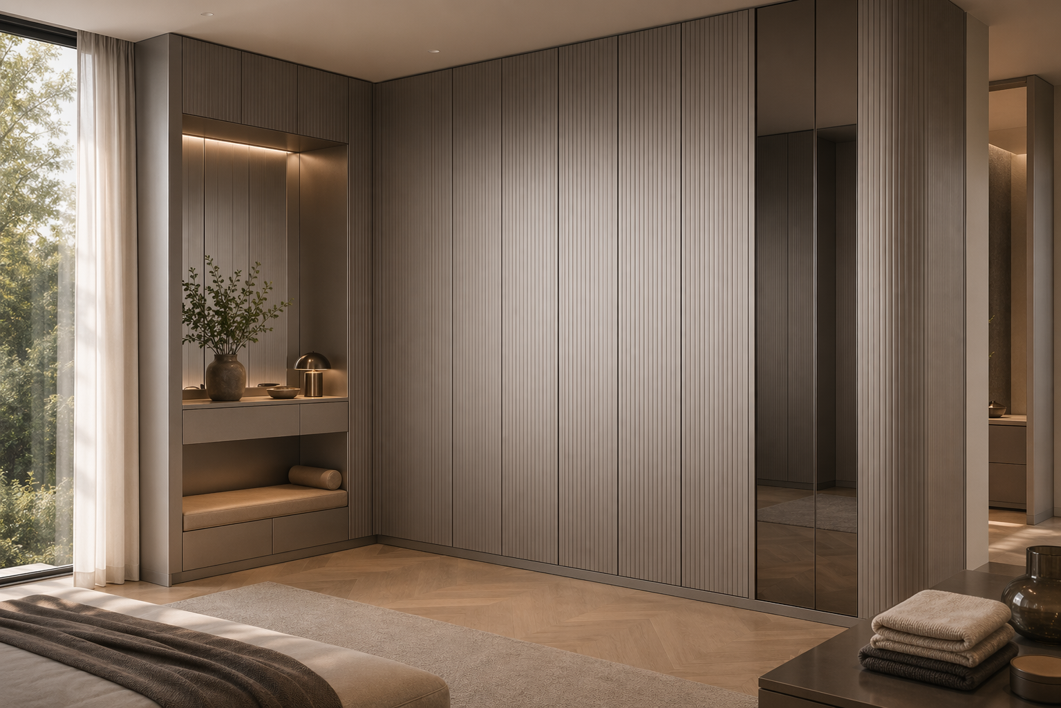 Fadior Brera Wardrobe Suite with Fluted Corner Dressing Wall — lifestyle setting with natural light and residential styling