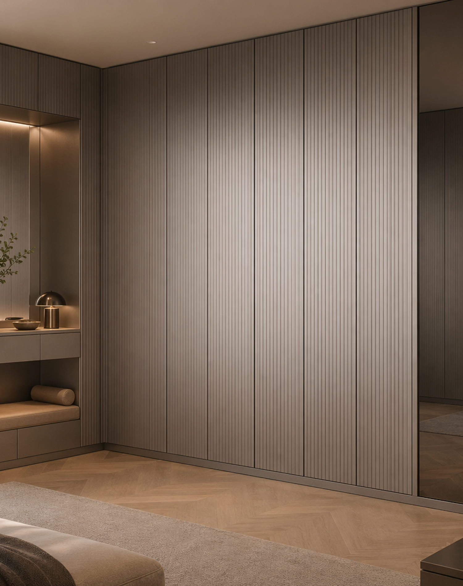 Fadior Brera Wardrobe Suite with Fluted Corner Dressing Wall — lifestyle setting with natural light and residential styling