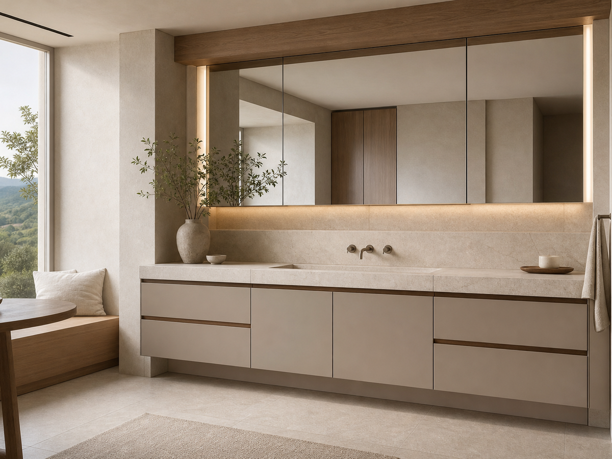 Fadior Voyage Bath Vanity Suite with Pearl Reed Wash Alcove — 304 stainless steel bath and vanity system, front view