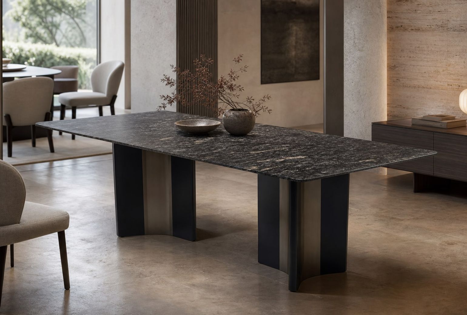Stone-Top Marble Dining Table (Natural luxury stone) styled in a FADIOR HOME interior setting