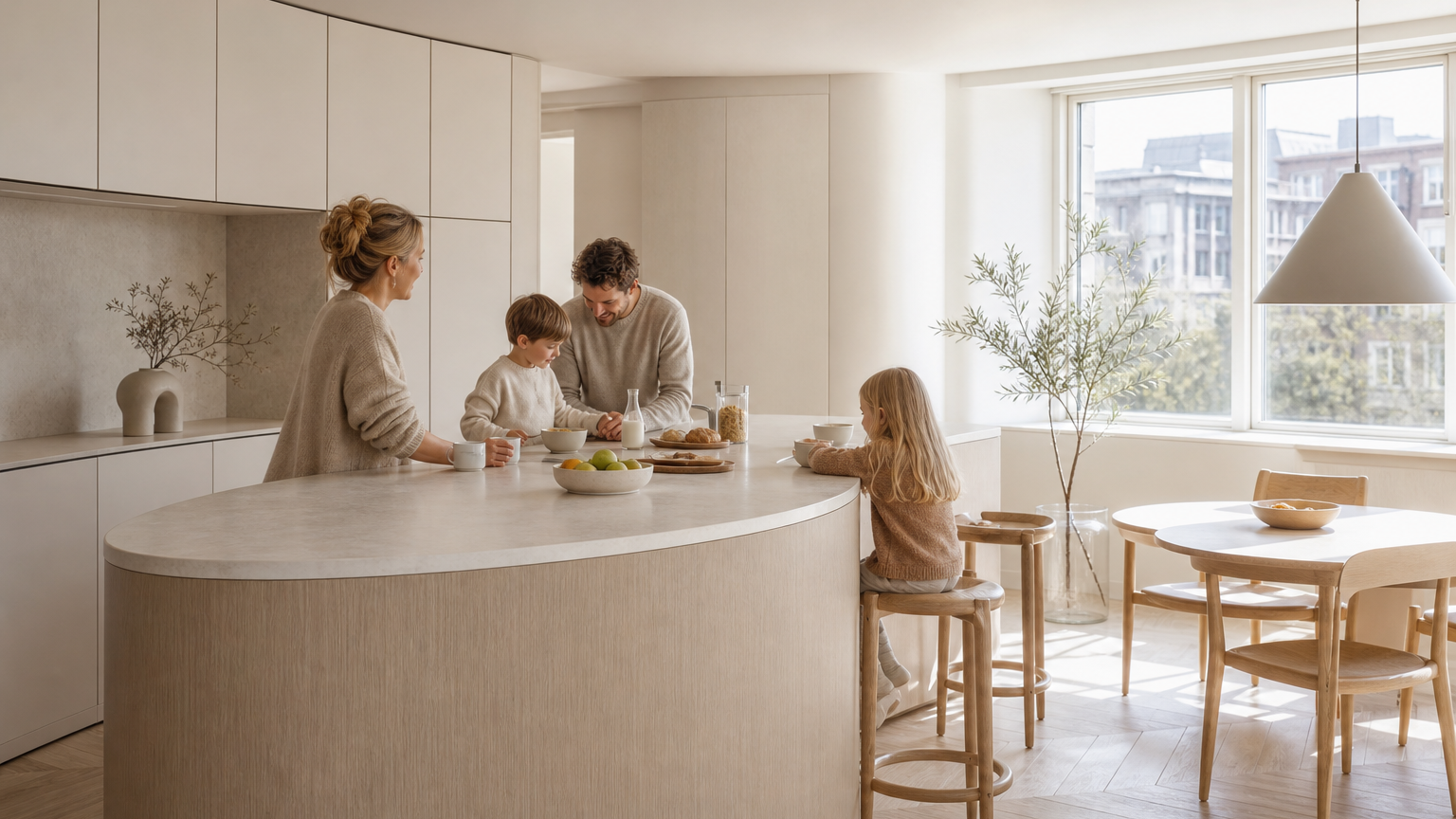 Sunlit curved island kitchen with airy pale finishes and a calm family breakfast setting.