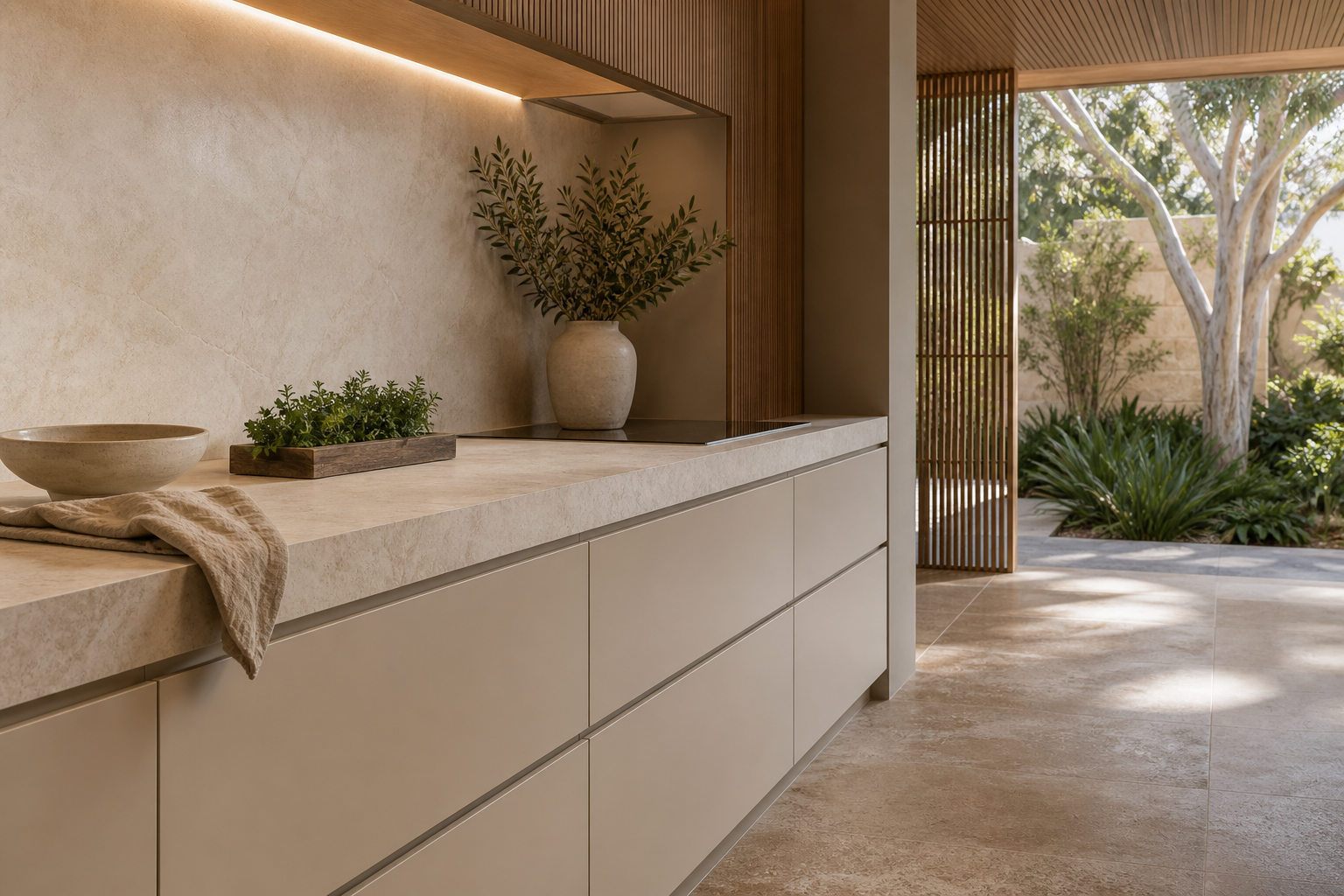 Fadior Sydney Garden Courtyard Villa — cabinet fronts, stone counter, timber screen, herb tray, courtyard daylight