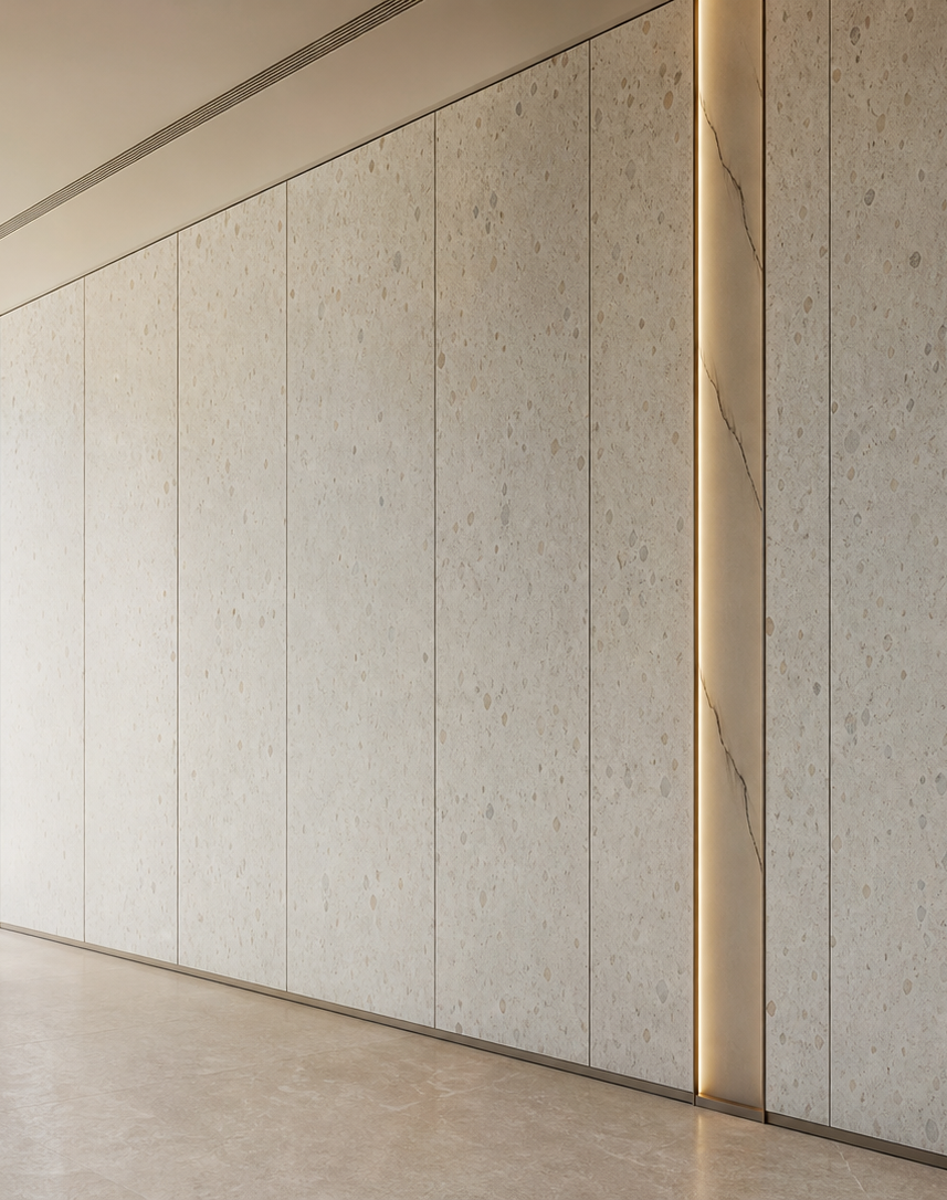 Fadior Terrazzo Wall Panel Suite with Veined Gallery Light Spine — interior room context showing cabinet integration