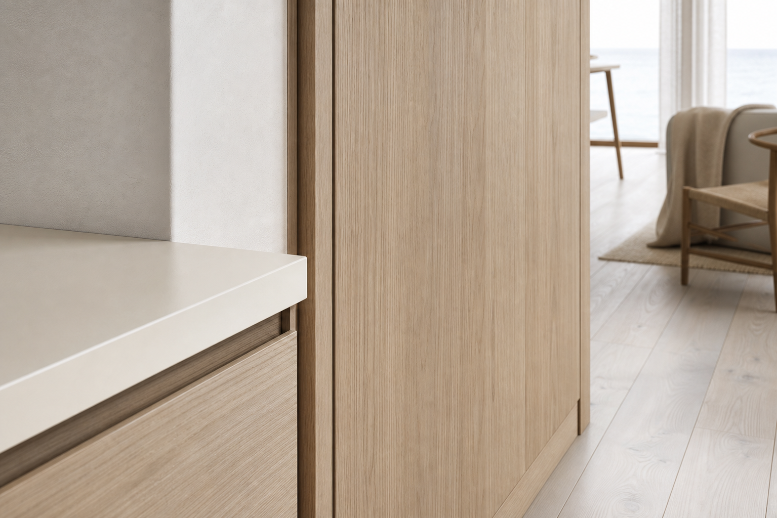 Fadior Silkstone Kitchen Suite with Lacquered Breakfast Monolith — close-up of stainless steel finish and hardware detail