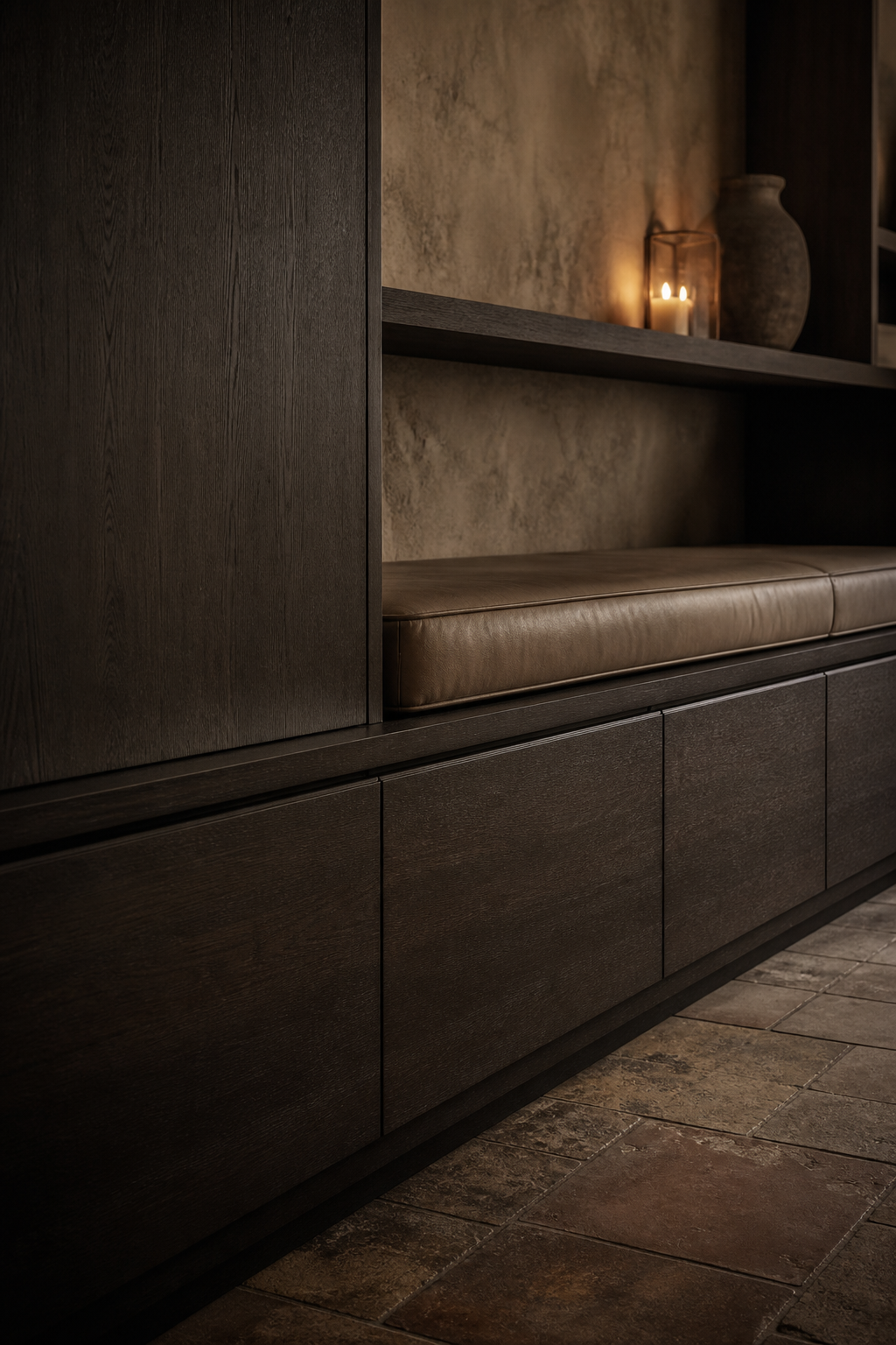 Fadior Zenith Living Room Suite with Window Bench Archive Wall — close-up of stainless steel finish and hardware detail