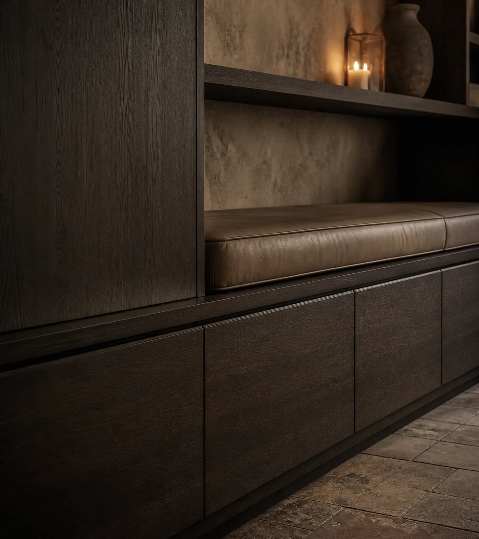 Fadior Zenith Living Room Suite with Window Bench Archive Wall — close-up of stainless steel finish and hardware detail