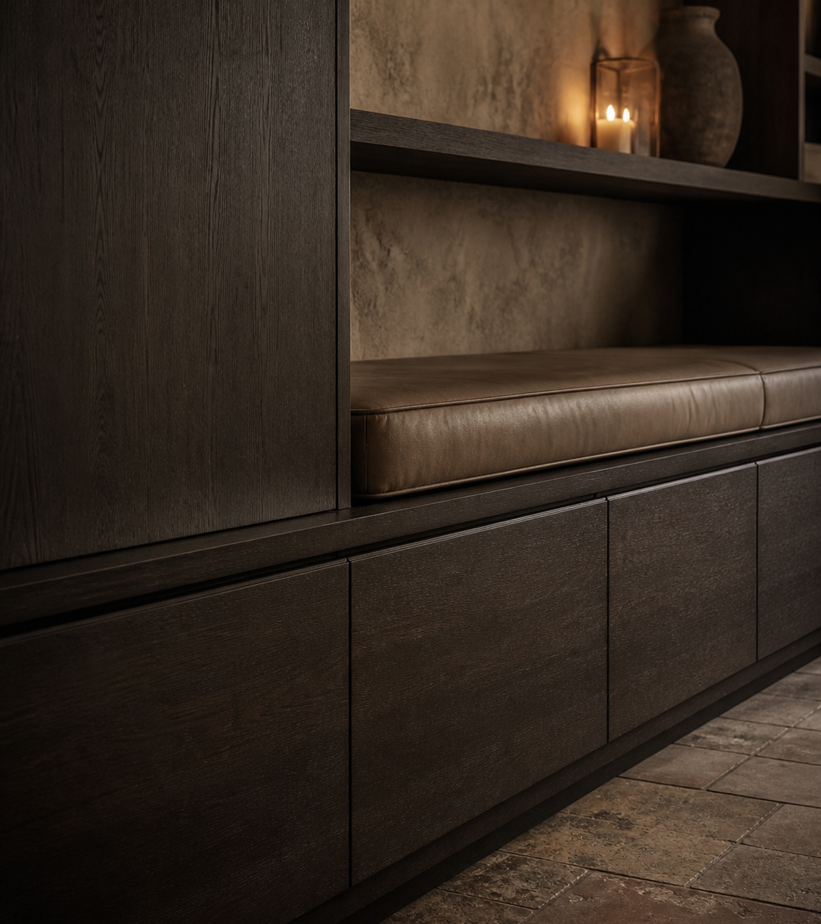Fadior Zenith Living Room Suite with Window Bench Archive Wall — close-up of stainless steel finish and hardware detail