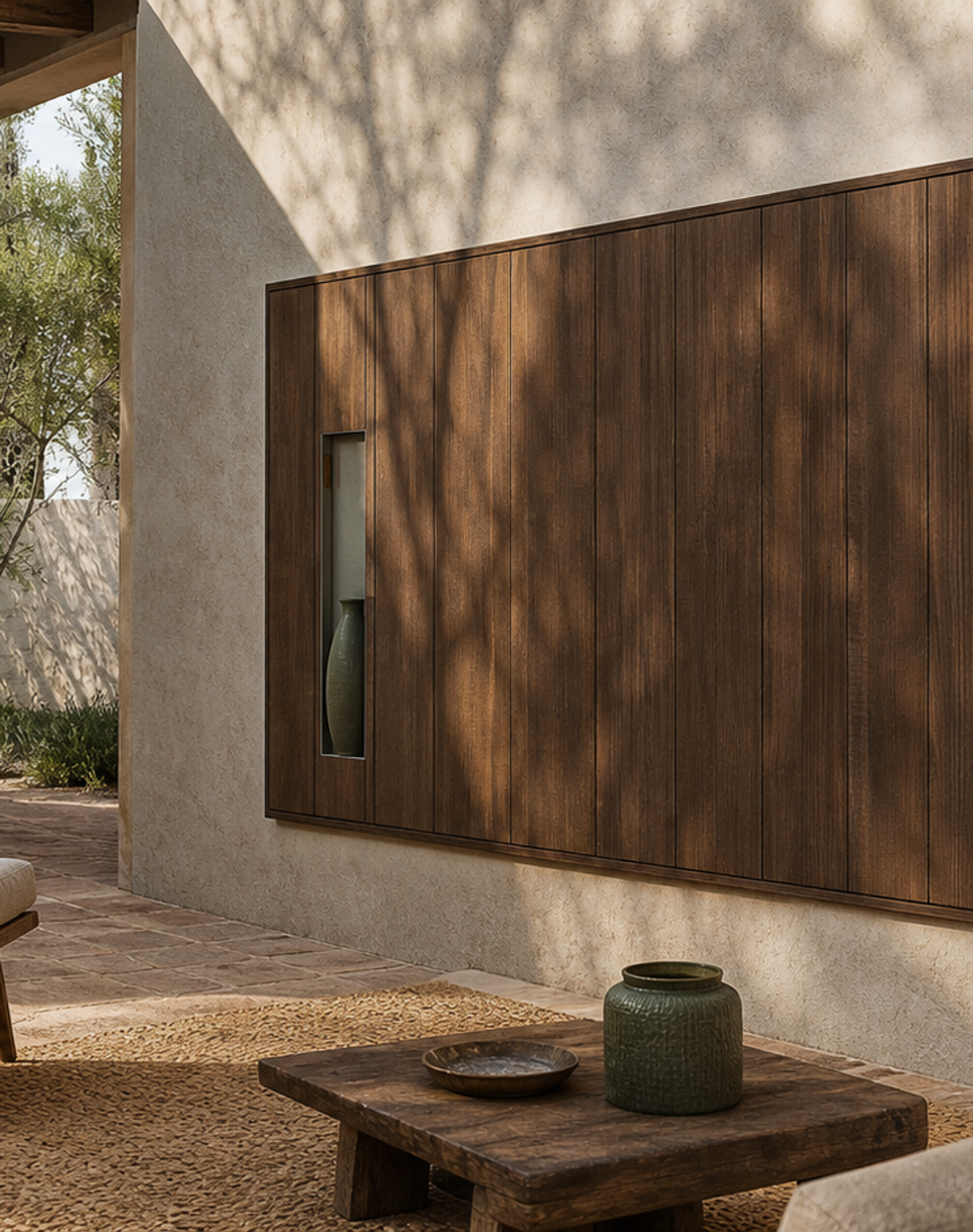 Fadior Patina Flexible Panel Media Wall — interior room context showing cabinet integration