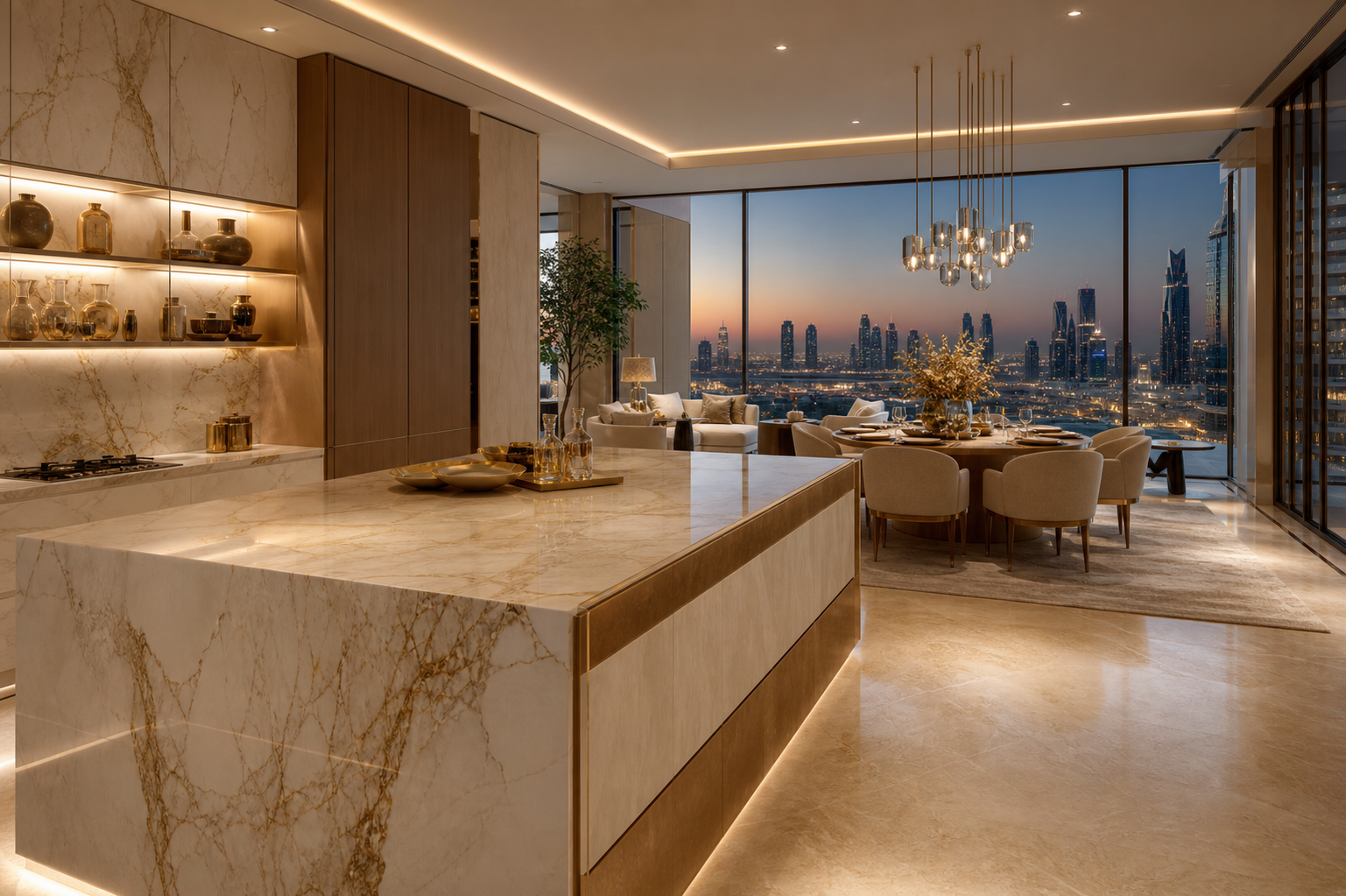 Open kitchen, dining, and lounge setting prepared for evening hosting in a luminous Gulf apartment.