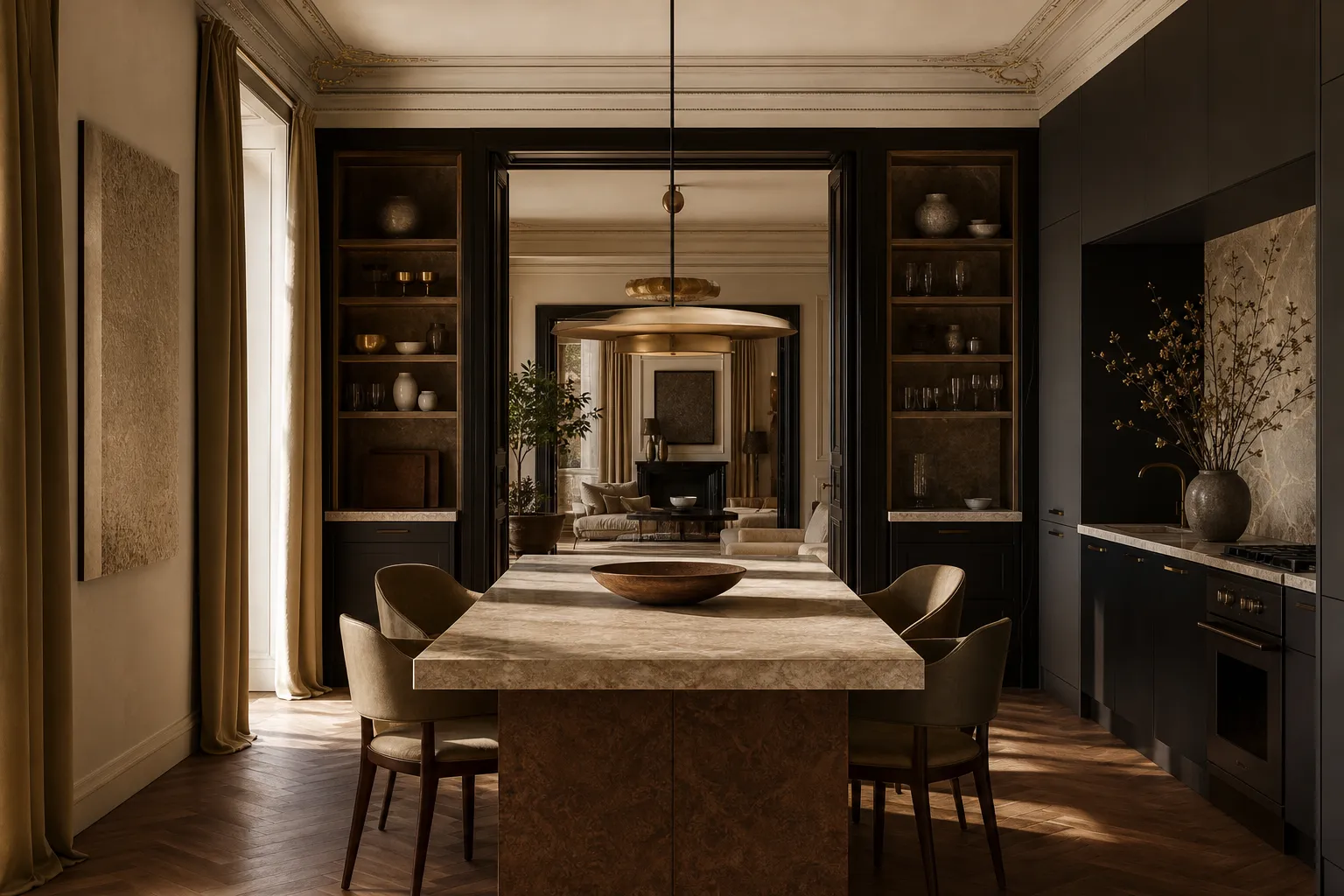GCC apartment kitchen with lacquer-black cabinetry and walnut dining view, setting a tailored evidence-review atmosphere.
