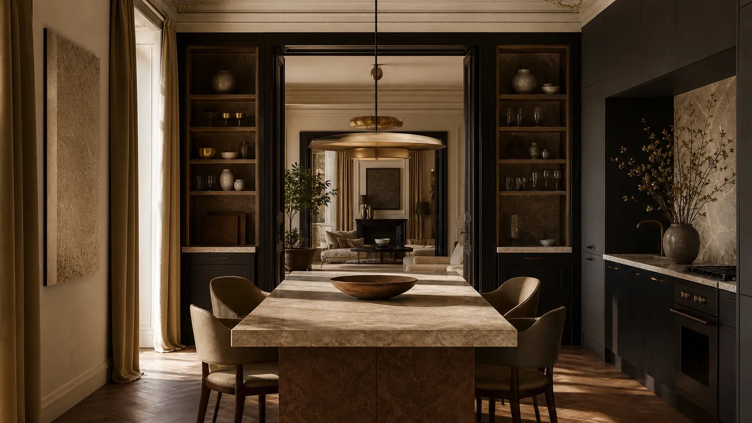 GCC apartment kitchen with lacquer-black cabinetry and walnut dining view, setting a tailored evidence-review atmosphere.