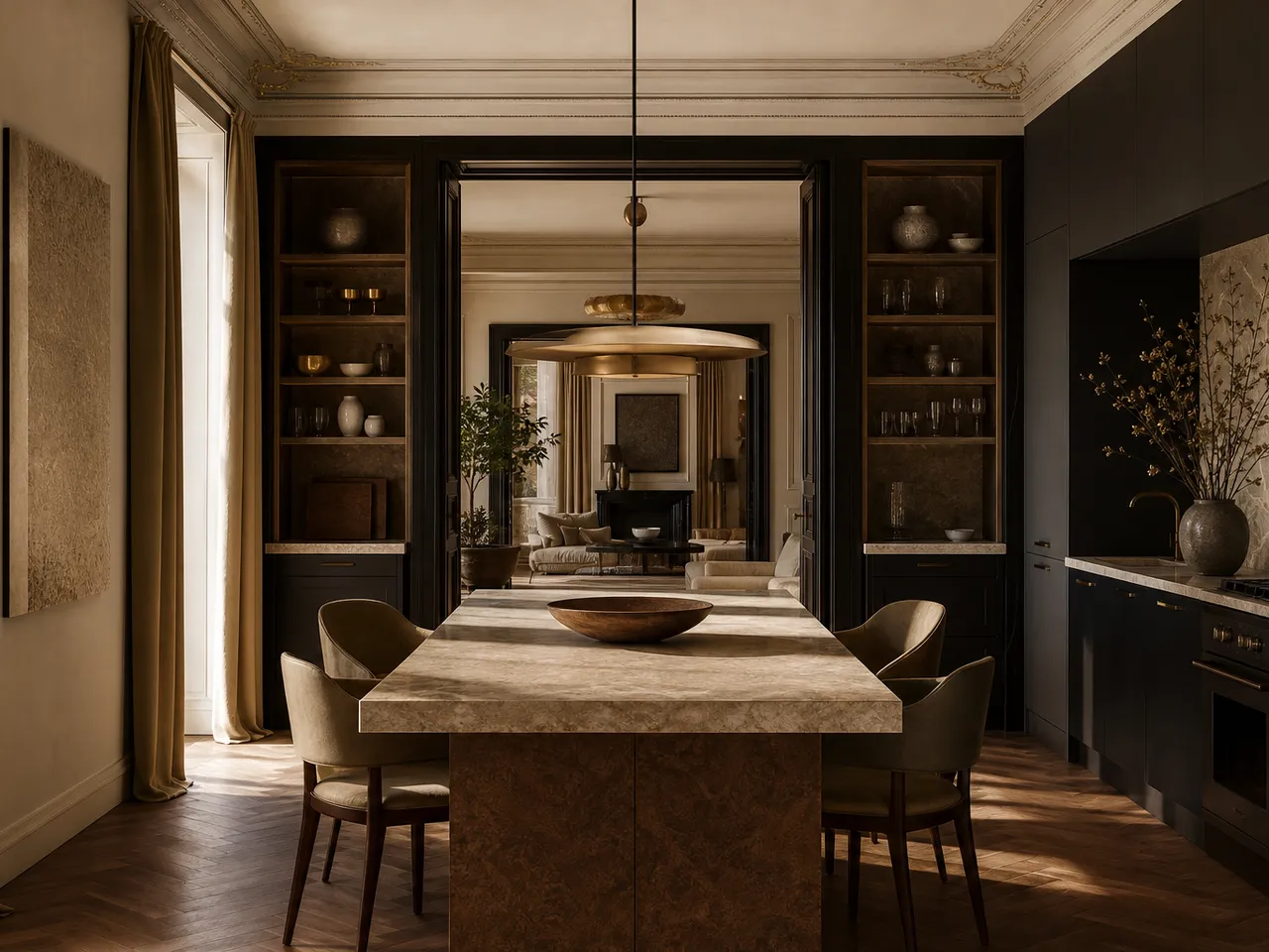 GCC apartment kitchen with lacquer-black cabinetry and walnut dining view, setting a tailored evidence-review atmosphere. — 304 stainless steel cabinetry editorial by Fadior