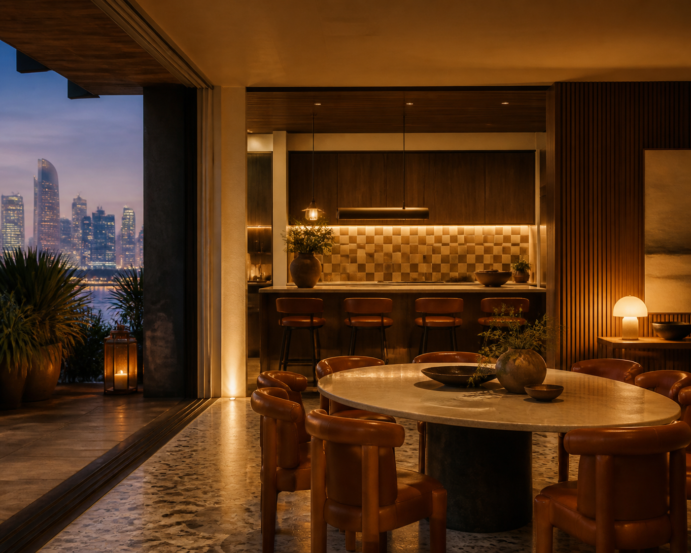 Fadior Abu Dhabi 425 sqm Kitchen Villa — dining terrace, walnut kitchen, leather chairs, terrazzo floor, city skyline