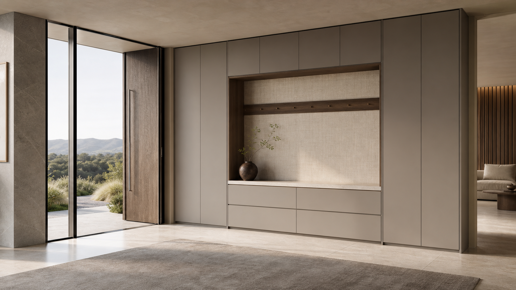 Fadior Savile Entryway Suite with Brushed Pivot Cloak Gallery — lifestyle setting with natural light and residential styling