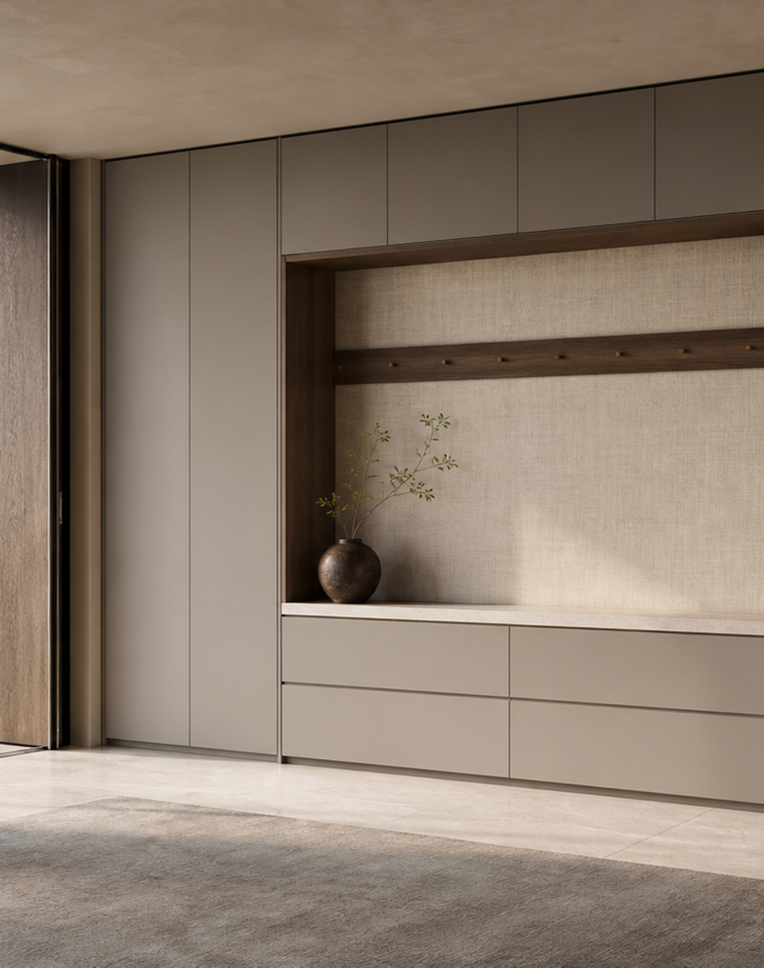 Fadior Savile Entryway Suite with Brushed Pivot Cloak Gallery — lifestyle setting with natural light and residential styling