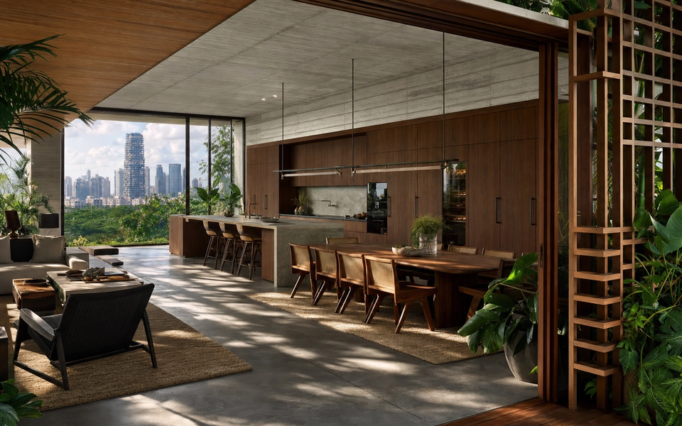 Fadior Singapore Skyline Penthouse — Singapore penthouse kitchen with concrete island, hardwood cabinets, skyline window, — 304 stainless steel cabinetry installation by Fadior